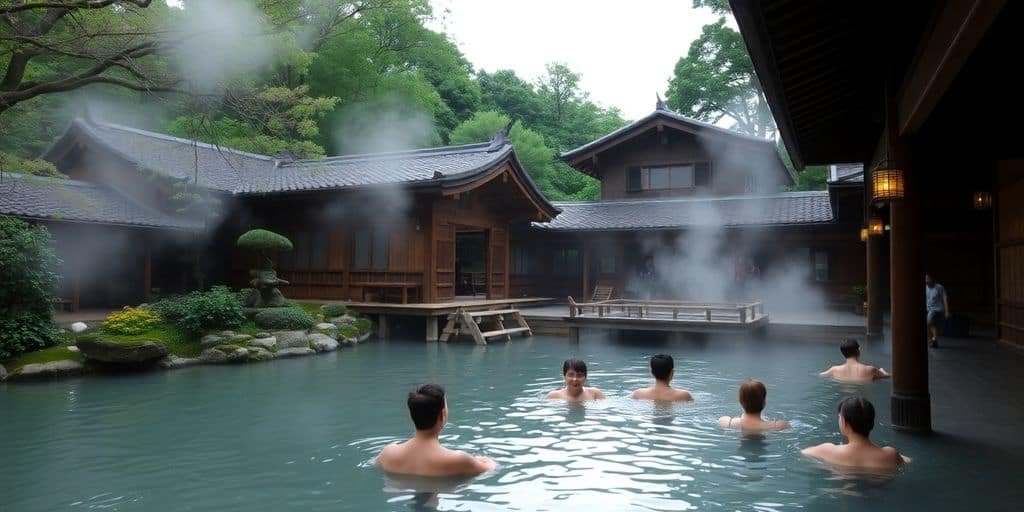 Rotenburo – japanisches Außen-Onsen mit dampfendem Thermalwasser in Berglandschaft