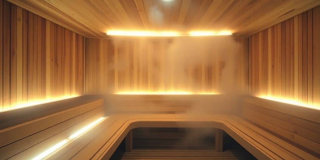 Holzsauna von innen mit Licht und Holzbank