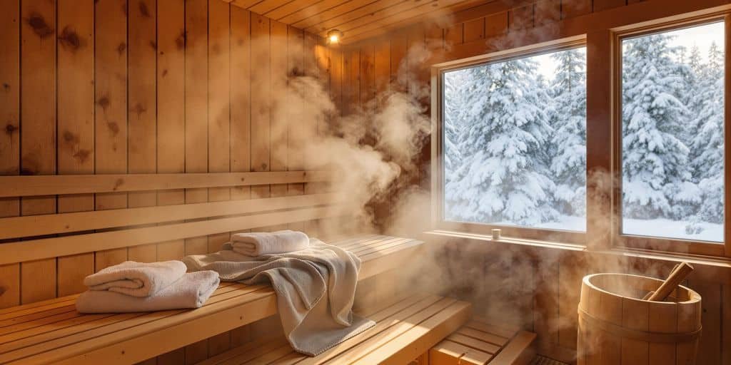 Außenbereich einer Sauna im Winter mit Schnee