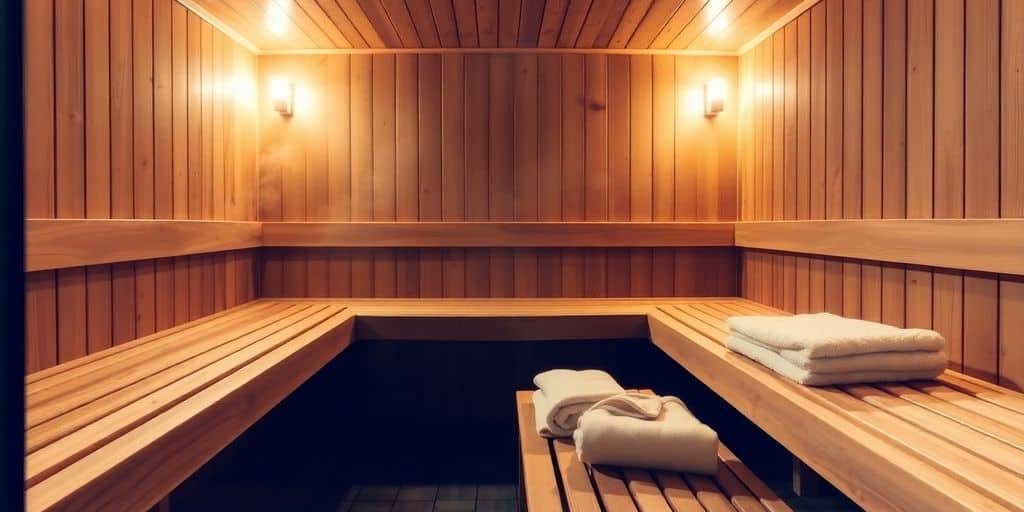 Person entspannt auf der unteren Bank einer Holzsauna