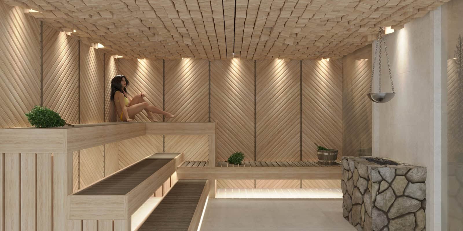 Frau entspannt auf einer Holzbank in der Sauna