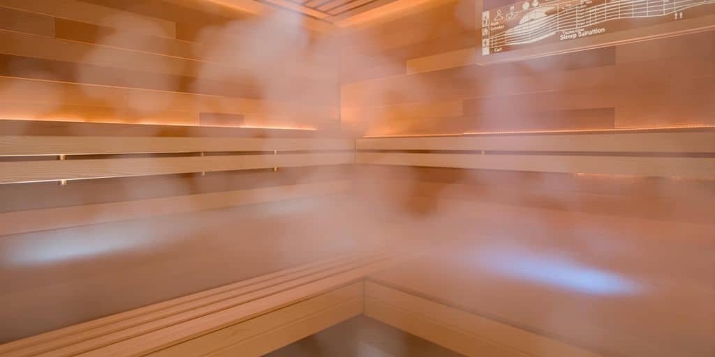 Holzbänke in einer finnischen Sauna mit warmem Schein