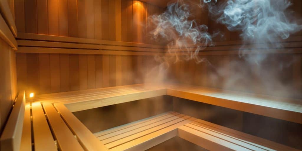Person entspannt in einer finnischen Holzsauna