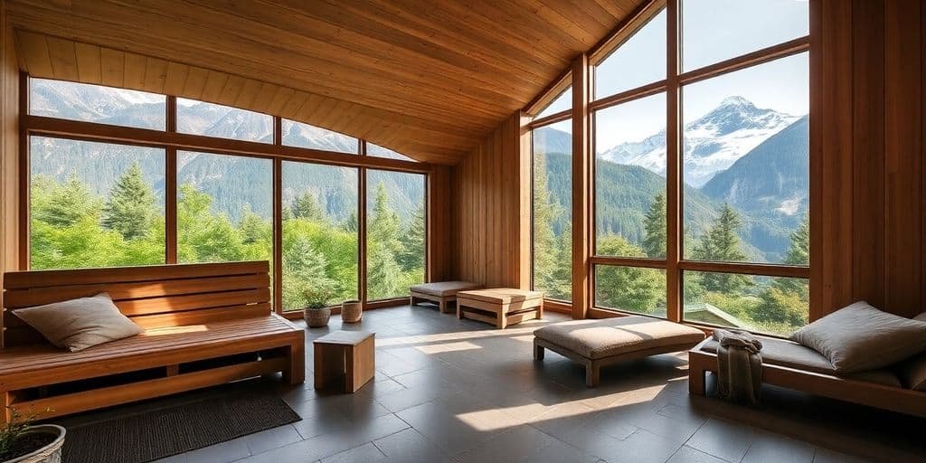 Holzsauna mit Panoramafenster und Blick auf die Südtiroler Berglandschaft