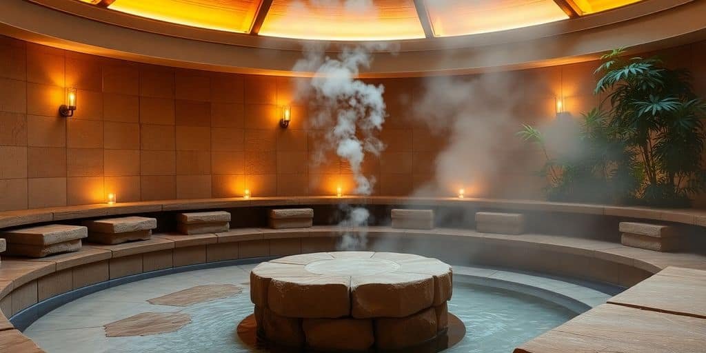 Tepidarium mit beheizten Natursteinliegen und gedämpftem Licht