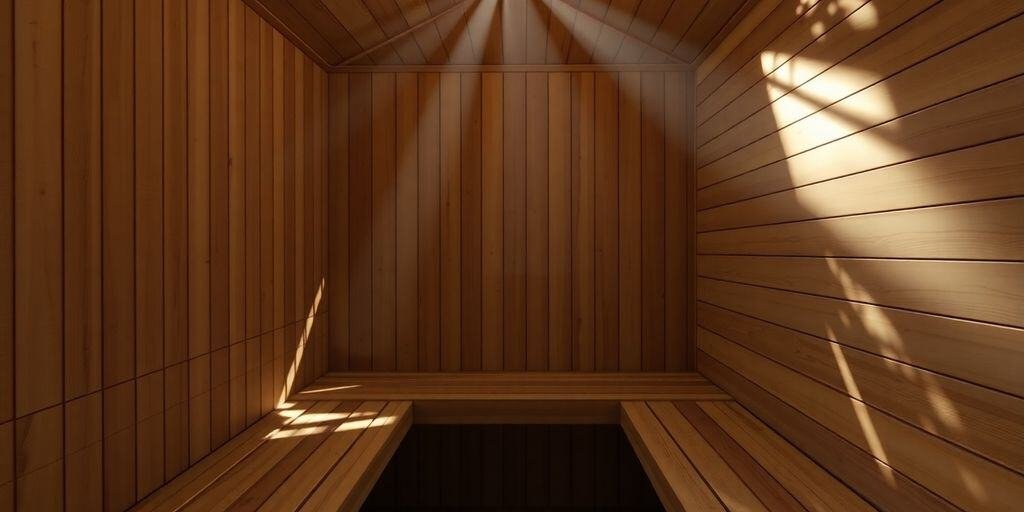 Innenraum einer Zirbensauna aus hellem Zirbenholz mit Holzbänken und Saunaofen